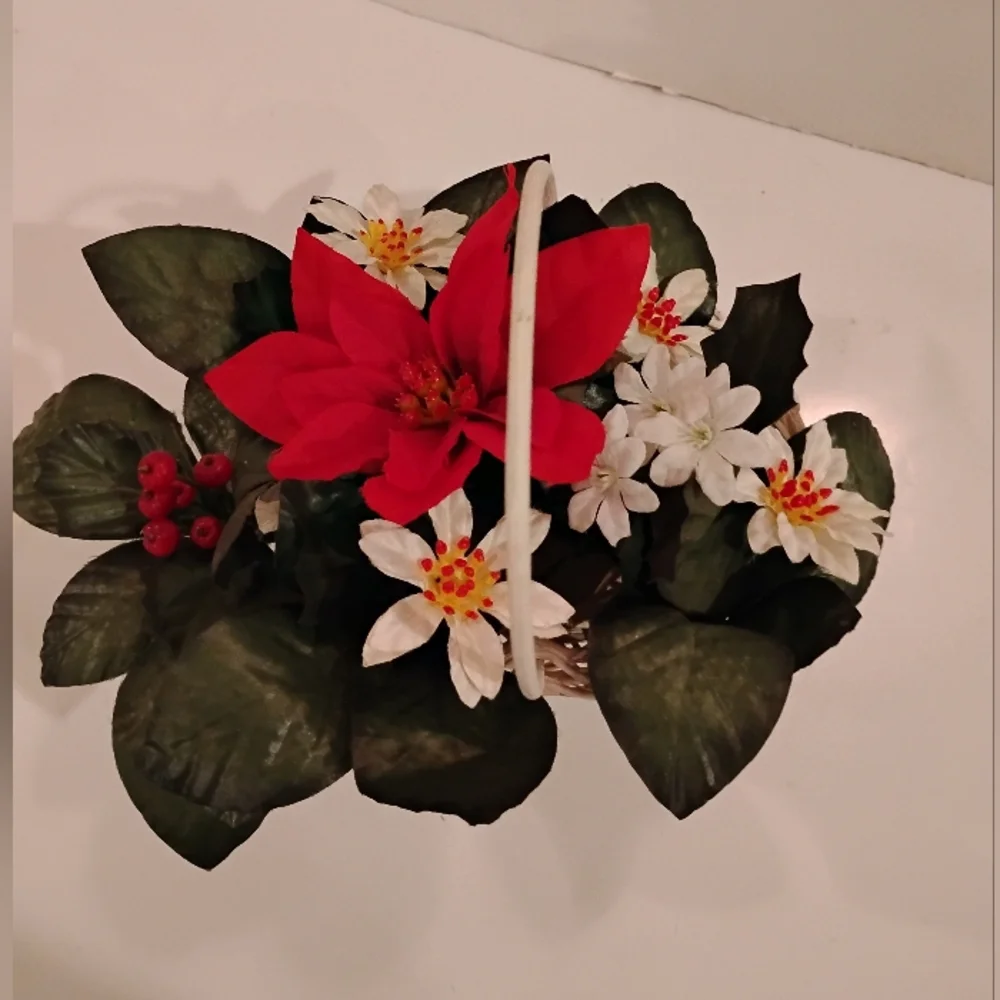 White Wicker Basket with Red and White Faux Flowers ~ 7.5' Tall x 10' Wide x 6'